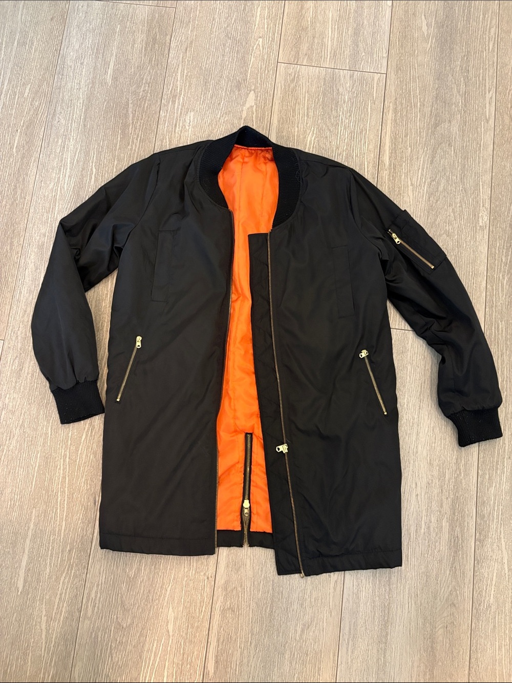 Women's Black Oversized Small Bomber Jacket with Orange Lining